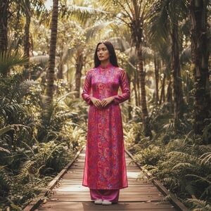 EUC Ao Dai 100% Silk Traditional Vietnamese Floral Long Dress in Magenta - XS